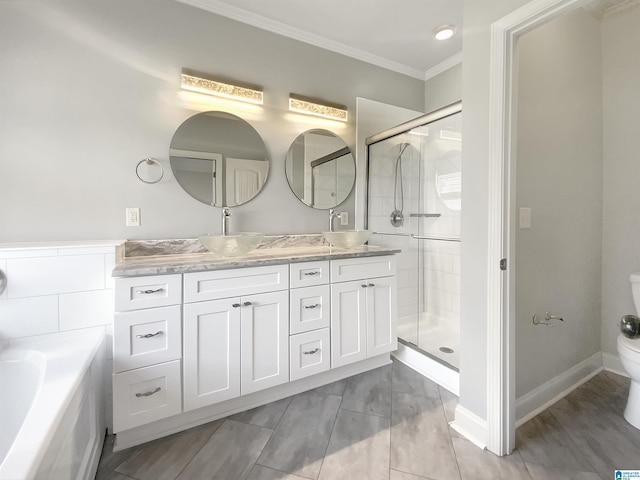 131 Willow View Ln, Wilsonville, AL 35186 - full bath featuring a sink, a stall shower, double vanity, toilet, and ornamental molding