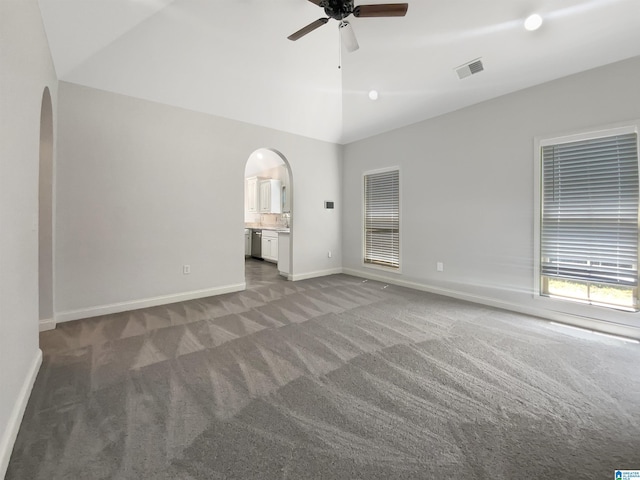 131 Willow View Ln, Wilsonville, AL 35186 - interior space with carpet floors, visible vents, arched walkways, and a ceiling fan
