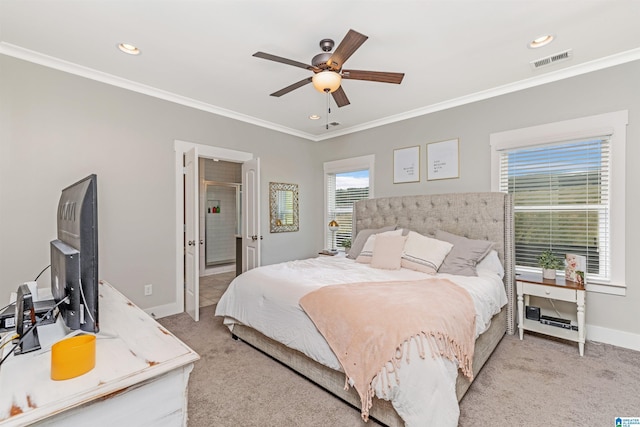 bedroom with visible vents, ornamental molding, and light colored carpet