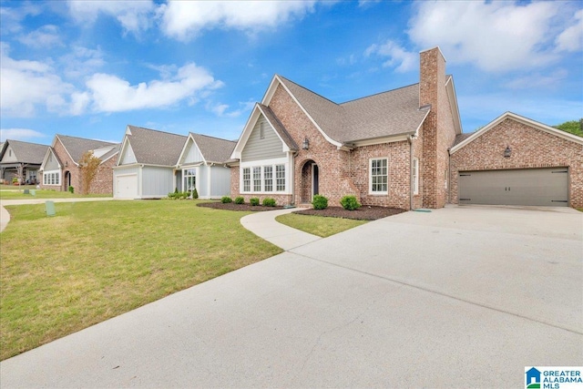 view of front facade featuring driveway, a chimney, brick siding, a front lawn, and a garage