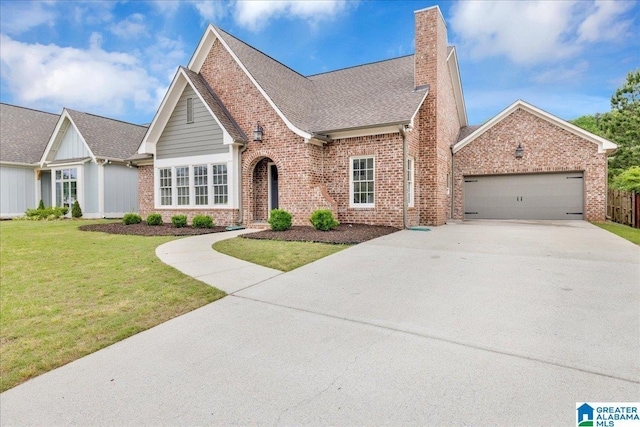 view of front of house with driveway, a chimney, brick siding, a front lawn, and a garage