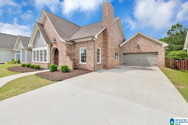 view of front of property featuring brick siding, driveway, a chimney, an attached garage, and fence