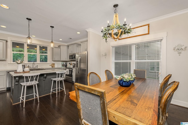 dining room with crown molding, recessed lighting, a notable chandelier, and dark wood-type flooring