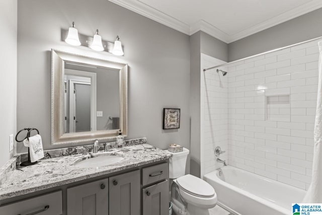 bathroom with toilet, shower / bathtub combination with curtain, ornamental molding, and vanity
