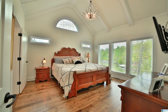 bedroom featuring a chandelier, light wood-style floors, high vaulted ceiling, and beamed ceiling