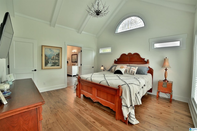 bedroom with beamed ceiling, light wood-type flooring, baseboards, high vaulted ceiling, and a notable chandelier