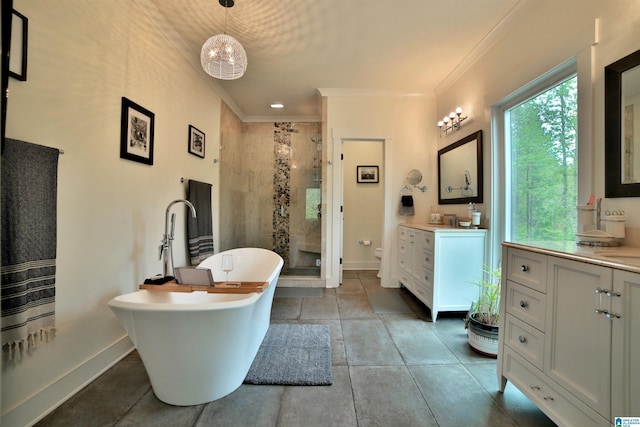 full bathroom with baseboards, ornamental molding, vanity, a soaking tub, and a stall shower
