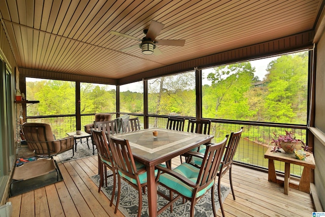 sunroom / solarium with outdoor dining space, ceiling fan, and plenty of natural light