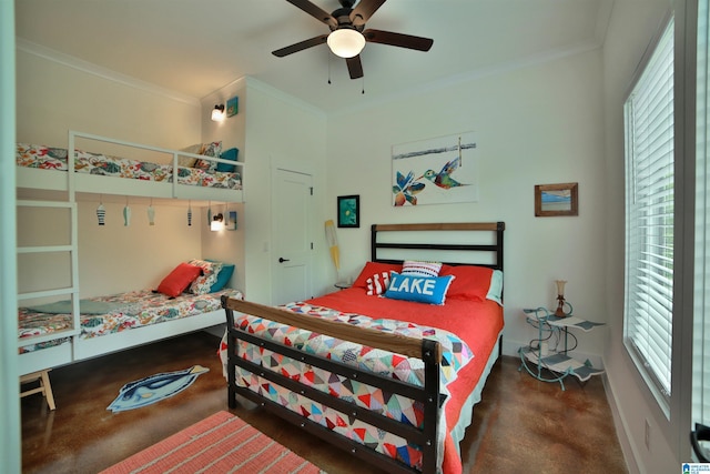 bedroom featuring crown molding, carpet flooring, baseboards, and multiple windows