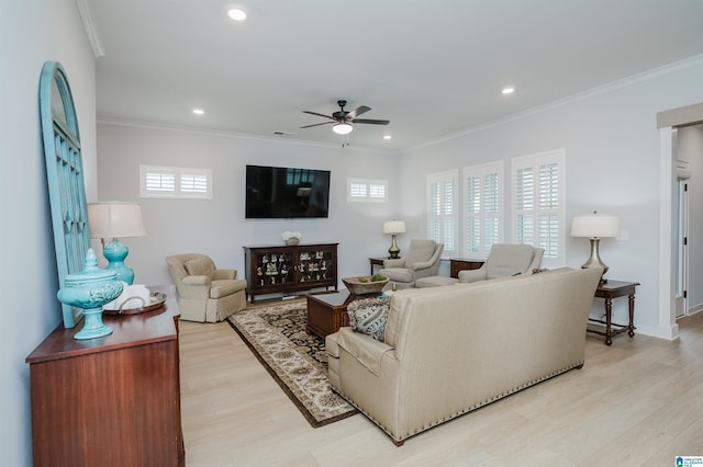 1298 Claire Ter, Hoover, AL 35244 - living room with crown molding, recessed lighting, light wood finished floors, and ceiling fan