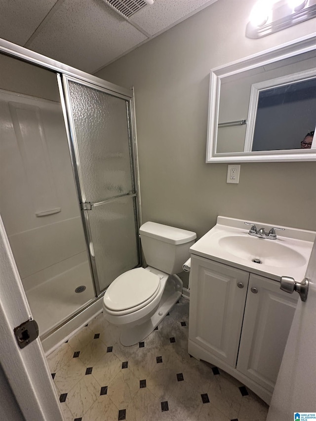 bathroom featuring visible vents, vanity, a shower stall, and toilet