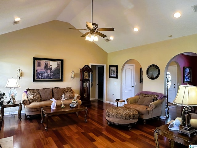 5050 Lily Rd, Hokes Bluff, AL 35903 - living room featuring high vaulted ceiling, wood finished floors, ceiling fan, arched walkways, and visible vents