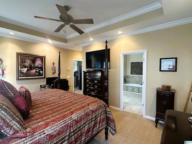 5050 Lily Rd, Hokes Bluff, AL 35903 - bedroom with recessed lighting, a raised ceiling, a ceiling fan, crown molding, and light colored carpet