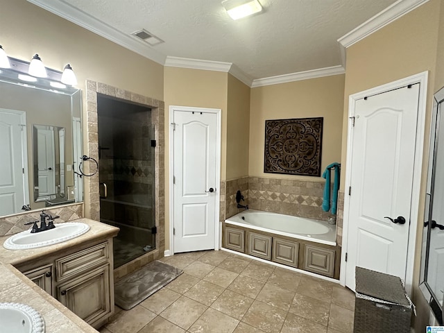 5050 Lily Rd, Hokes Bluff, AL 35903 - bathroom with visible vents, vanity, a bath, crown molding, and a stall shower