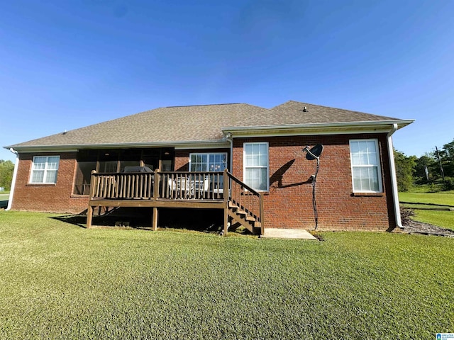 5050 Lily Rd, Hokes Bluff, AL 35903 - back of house with a wooden deck, a lawn, brick siding, and stairs