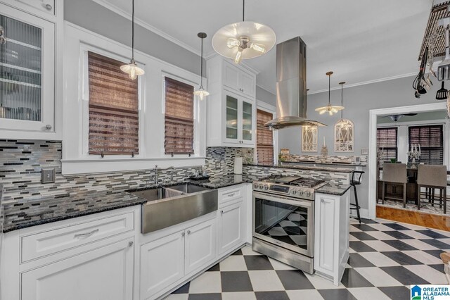 2910 W Meighan Blvd, Gadsden, AL 35904 - kitchen featuring a sink, white cabinetry, island range hood, gas stove, and light floors