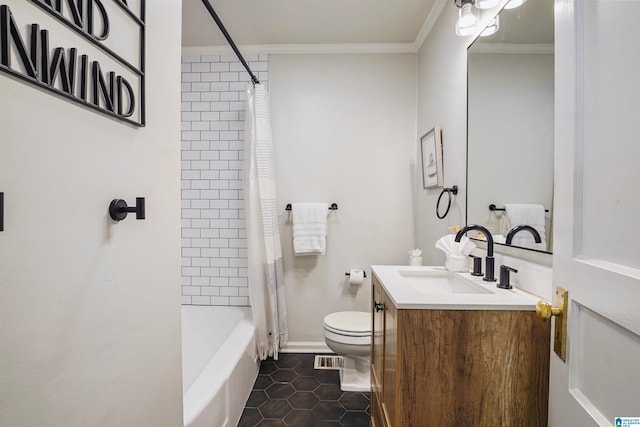 full bathroom with vanity, crown molding, shower / bath combination with curtain, toilet, and tile patterned floors