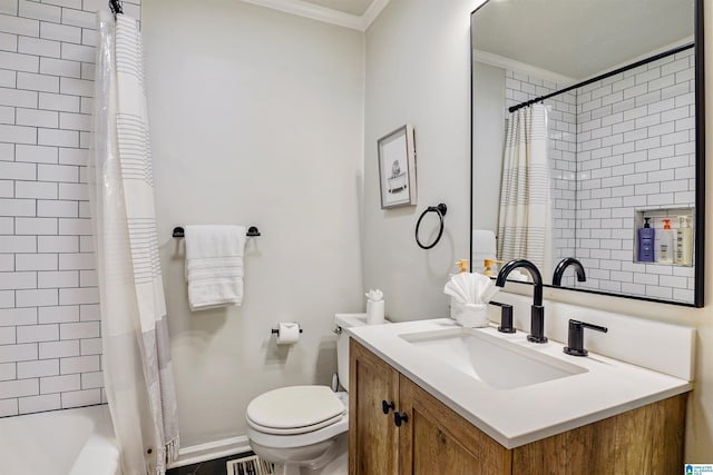 full bathroom featuring vanity, ornamental molding, shower / bath combo with shower curtain, and toilet