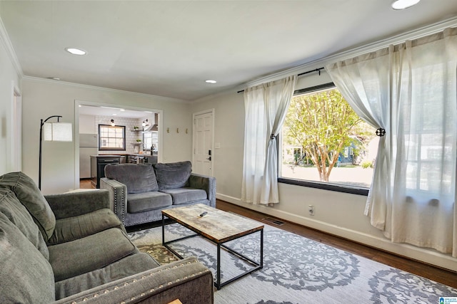 living room with ornamental molding, recessed lighting, wood finished floors, and visible vents