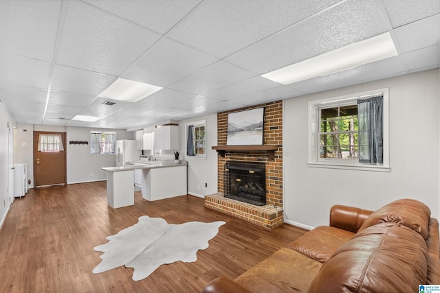 living room featuring baseboards, wood finished floors, a wealth of natural light, and a drop ceiling