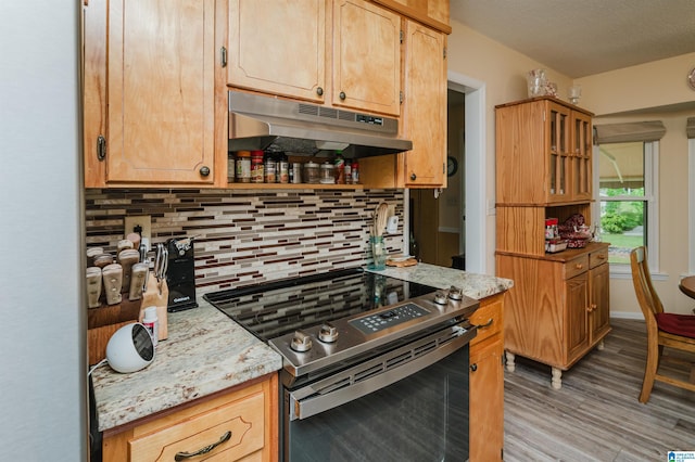 kitchen with light wood finished floors, under cabinet range hood, range with electric cooktop, glass insert cabinets, and backsplash