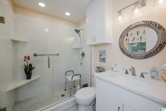 full bath with vanity, toilet, recessed lighting, and a shower stall