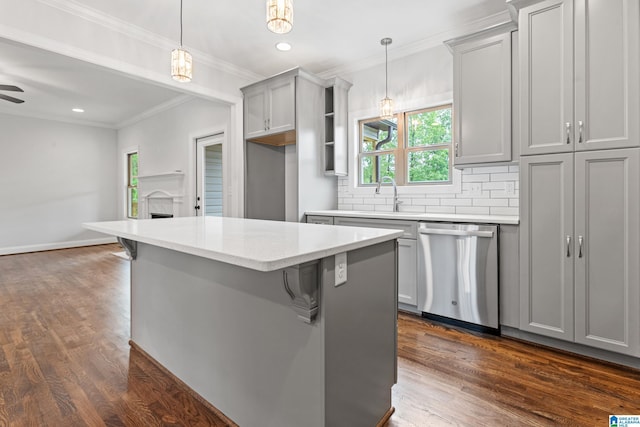 2698 Piedmont Dr, Helena, AL 35022 - kitchen with a sink, gray cabinets, ornamental molding, backsplash, and stainless steel dishwasher