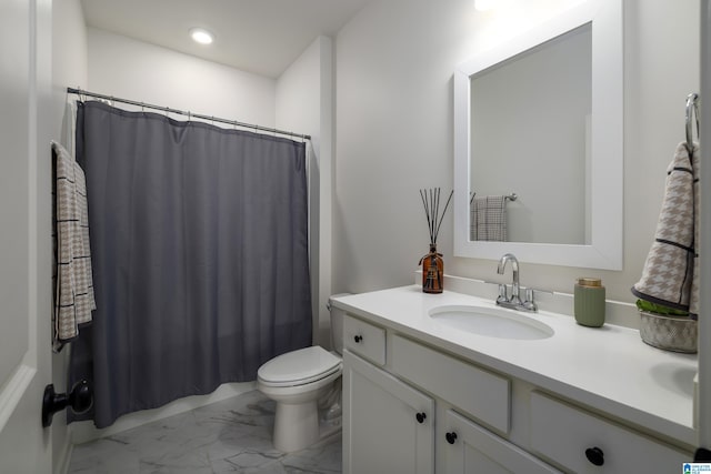 bathroom with a shower with curtain, recessed lighting, vanity, toilet, and marble finish floor