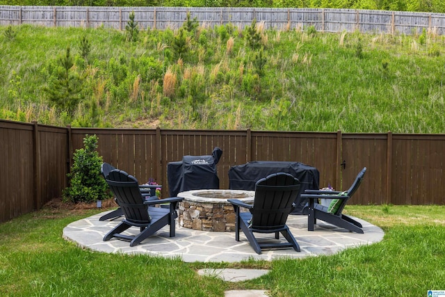 view of patio / terrace featuring a fire pit and a fenced backyard