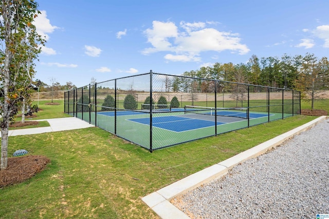 view of basketball court featuring a tennis court, a yard, and fence