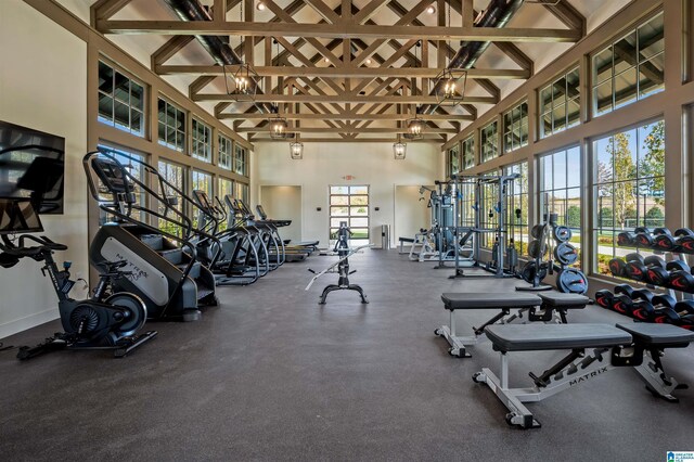 exercise room with a high ceiling and baseboards