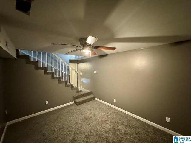 5835 Brenda Dr, Trussville, AL 35173 - basement featuring ceiling fan, carpet floors, stairs, and baseboards