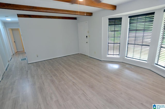 interior space with visible vents, beam ceiling, baseboards, ceiling fan, and light wood finished floors