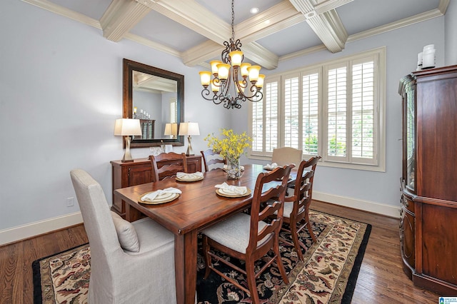 dining room with beamed ceiling, coffered ceiling, a notable chandelier, and baseboards