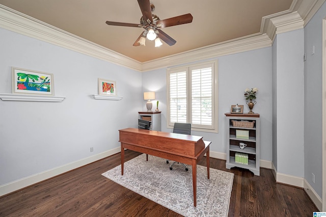 office space featuring ceiling fan, crown molding, dark wood-style floors, and baseboards