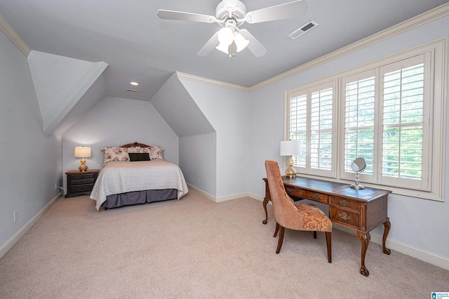 carpeted bedroom with ornamental molding, visible vents, ceiling fan, and baseboards