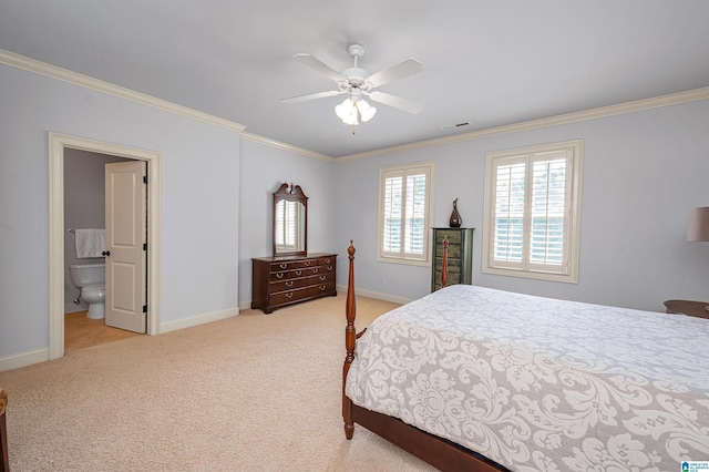 bedroom featuring ornamental molding, visible vents, light carpet, and baseboards