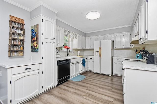 kitchen with a sink, ornamental molding, white fridge with ice dispenser, dishwasher, and under cabinet range hood