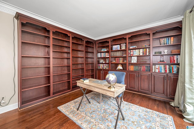 office area with dark wood finished floors, baseboards, and ornamental molding