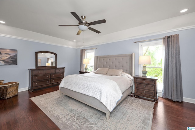bedroom featuring baseboards, recessed lighting, and dark wood finished floors