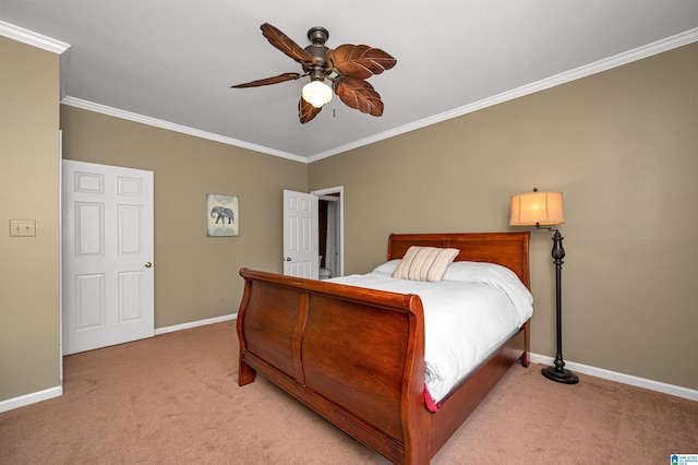 bedroom featuring crown molding, ceiling fan, light colored carpet, and baseboards