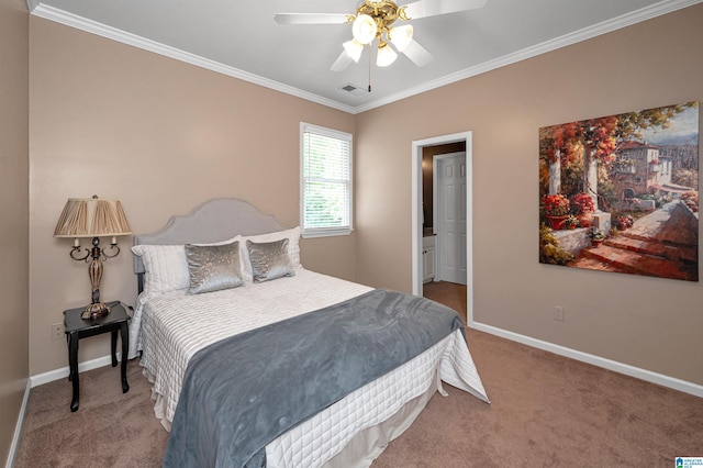 bedroom with ornamental molding, visible vents, carpet floors, and baseboards