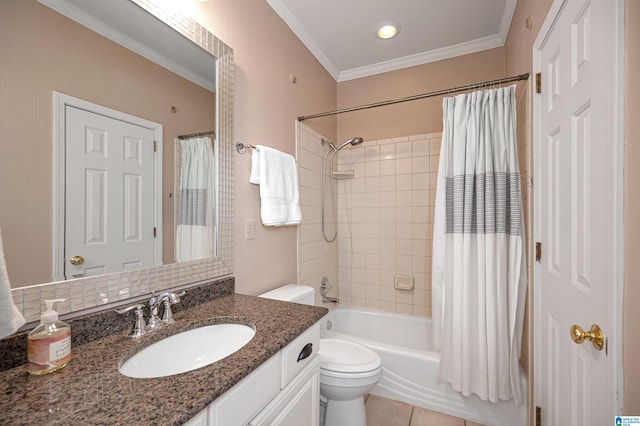 full bathroom with crown molding, toilet, shower / bath combination with curtain, vanity, and tile patterned flooring