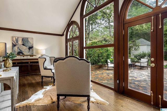 interior space with ornamental molding, high vaulted ceiling, wood finished floors, and a healthy amount of sunlight