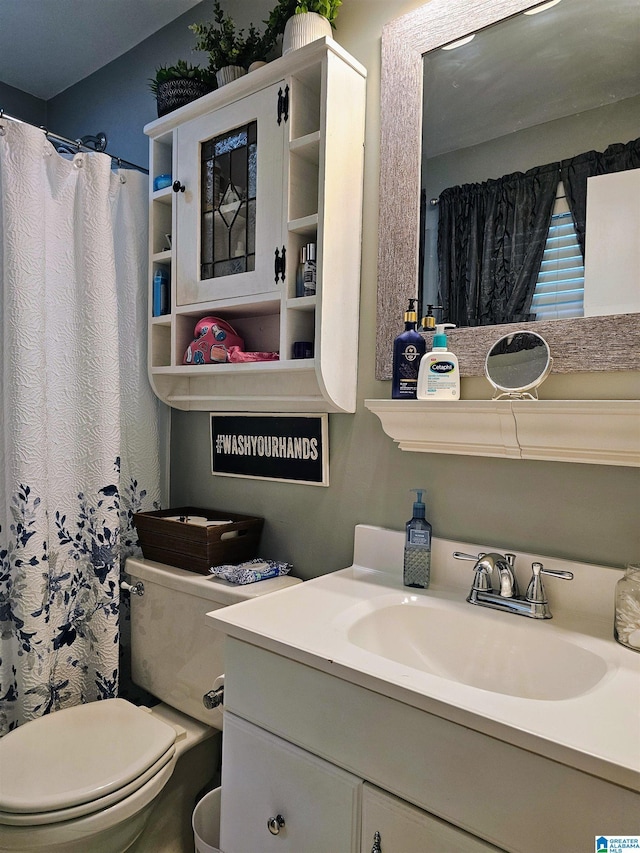 full bathroom featuring vanity, a shower with shower curtain, and toilet