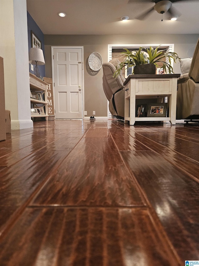 foyer with wood finished floors, baseboards, recessed lighting, and a ceiling fan