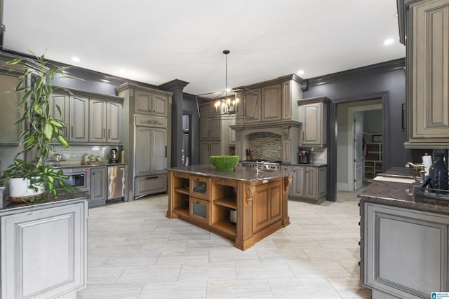 kitchen with backsplash, stainless steel microwave, open shelves, and ornamental molding