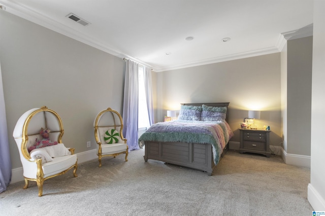 bedroom featuring ornamental molding, visible vents, and carpet