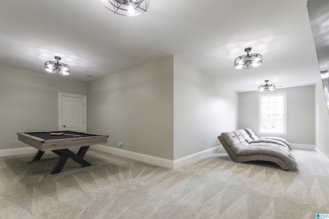 unfurnished room with baseboards, pool table, and carpet