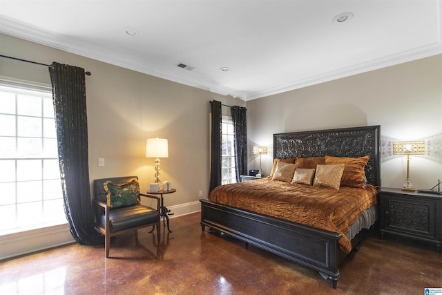 bedroom with concrete floors, baseboards, crown molding, and visible vents